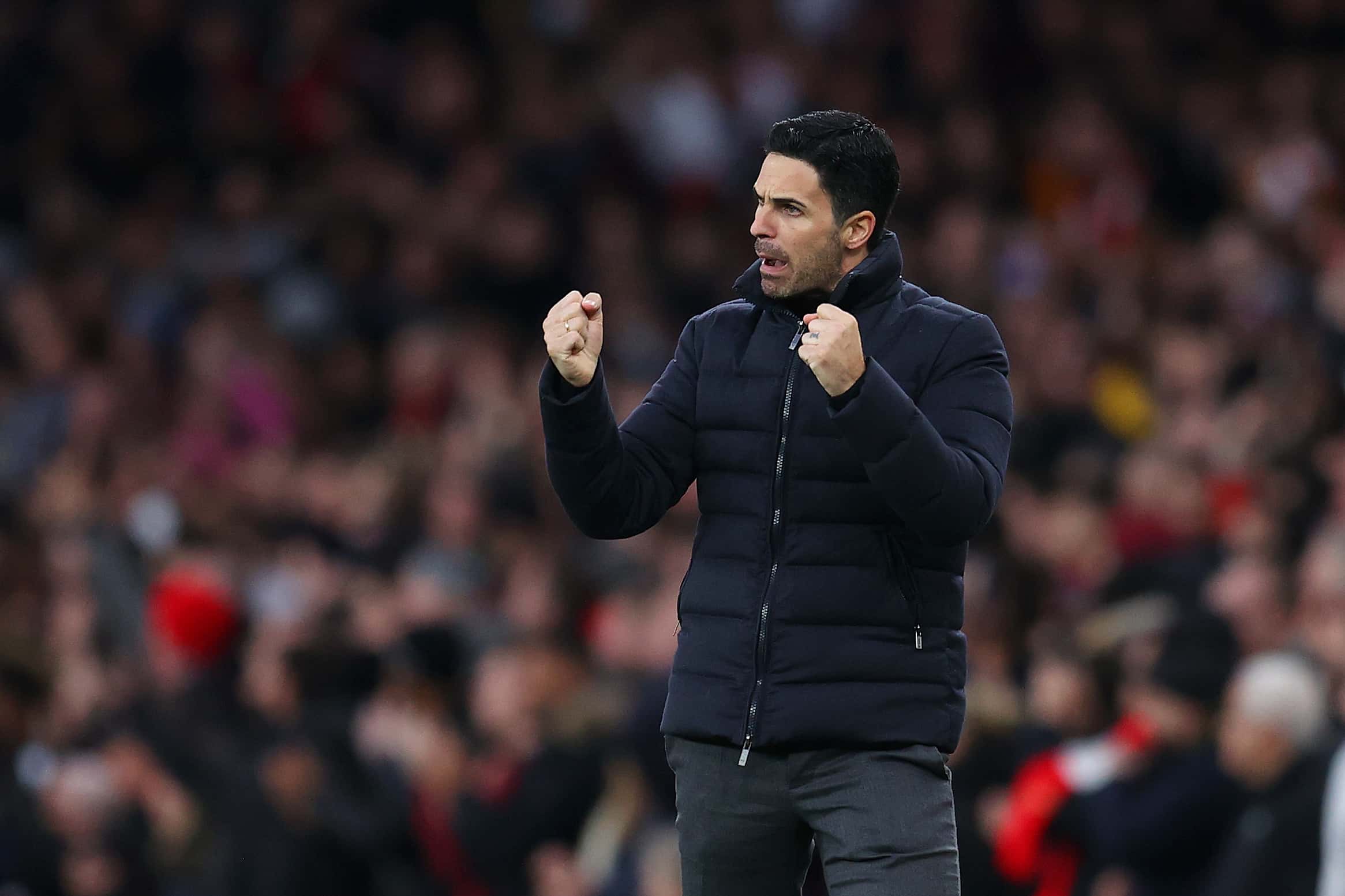 Mikel Arteta, Manager of Arsenal celebrates during the Premier League match between Arsenal and Leicester City at Emirates Stadium on March 13, 2022 in London, England.