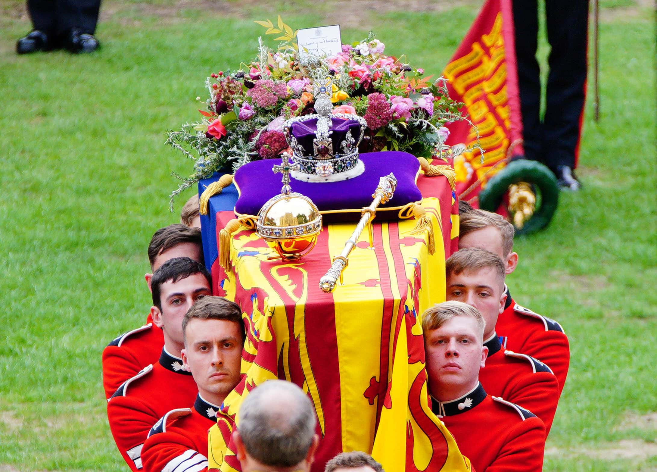Coffin bearers carry the coffin of Queen Elizabeth II into St George's Chapel on September 19, 2022 in Windsor, England. The committal service at St George's Chapel, Windsor Castle, took place following the state funeral at Westminster Abbey. A private burial in The King George VI Memorial Chapel followed. Queen Elizabeth II died at Balmoral Castle in Scotland on September 8, 2022, and is succeeded by her eldest son, King Charles III.
