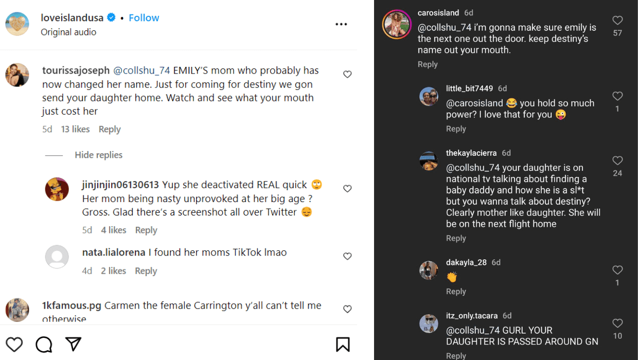 'Love Island USA' Season 5's eliminated contestant Emily Chavez's mother making comments about Destiny on social media (Instagram/@loveislandusa)