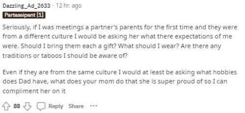 'if I was meetings a partner's parents for the first time and they were from a different culture I would be asking her what there expectations of me were,' wrote another ( Reddit/ Dazzling Ad 2633)
