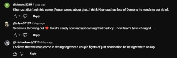 Comments on Joe Rogan and Khamzat Chimaev (@mmazone/YouTube)