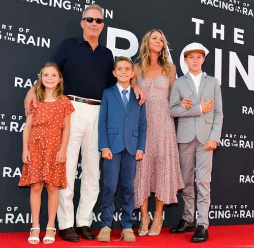 (L-R) Grace Avery Costner, Kevin Costner, Hayes Logan Costner, Christine Baumgartner, and Cayden Wyatt Costner attend the premiere of 20th Century Fox's 