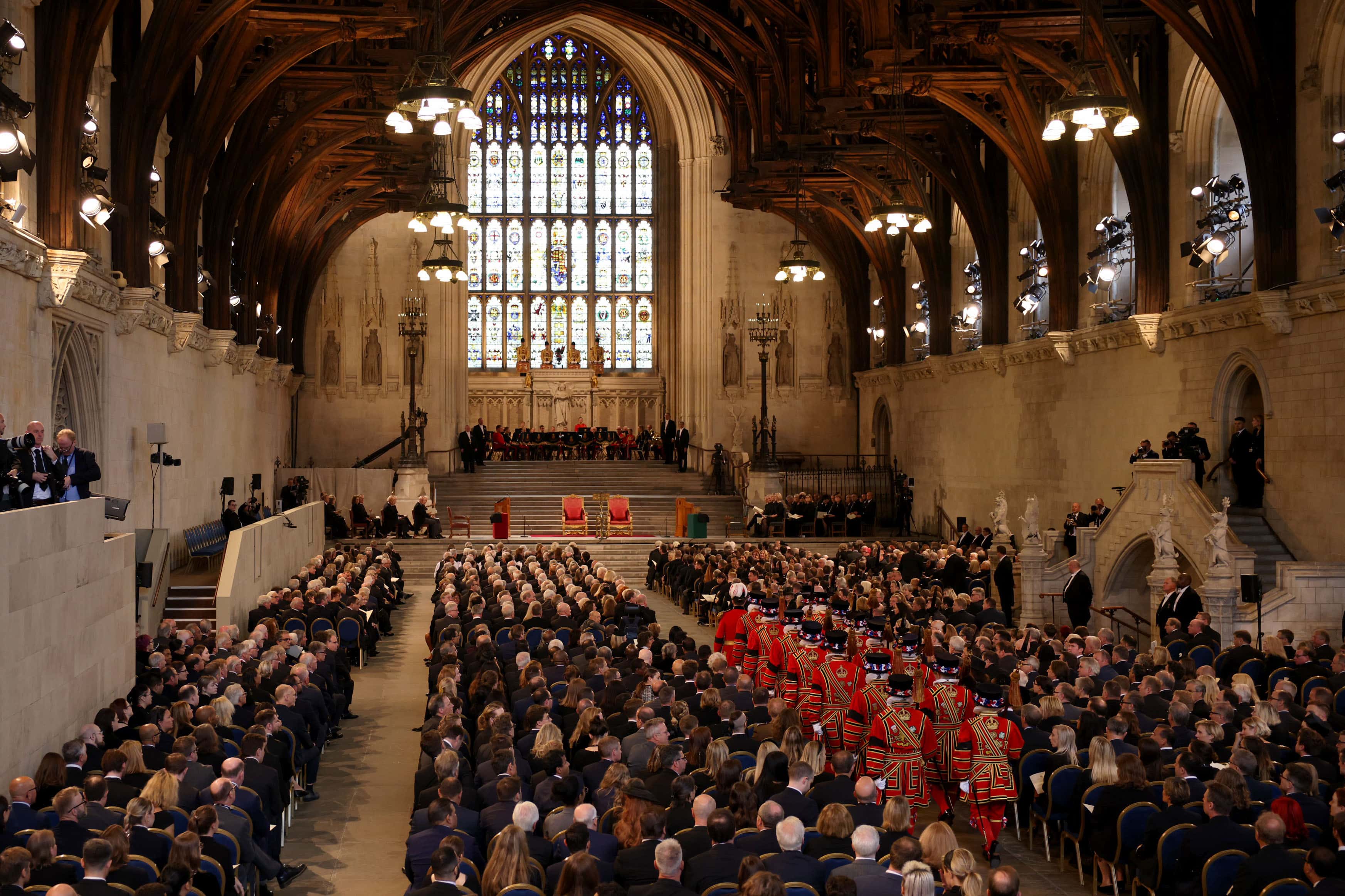 Yeomen of the Guard arrive at Houses of Parliament on September 12, 2022 in London, England. The Lord Speaker and the Speaker of the House of Commons presented an Address to His Majesty on behalf of their respective House in Westminster Hall following the death of Her Majesty Queen Elizabeth II. The King replied to the Addresses. Queen Elizabeth II died at Balmoral Castle in Scotland on September 8, 2022, and is succeeded by her eldest son, King Charles III. (Photo by Dan Kitwood/Getty Images)