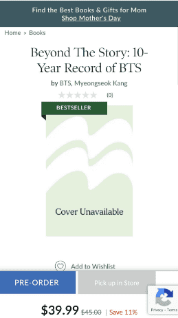 'Beyond The Story: 10-Year Record of BTS' is yet to have a cover (Barnes & Noble)
