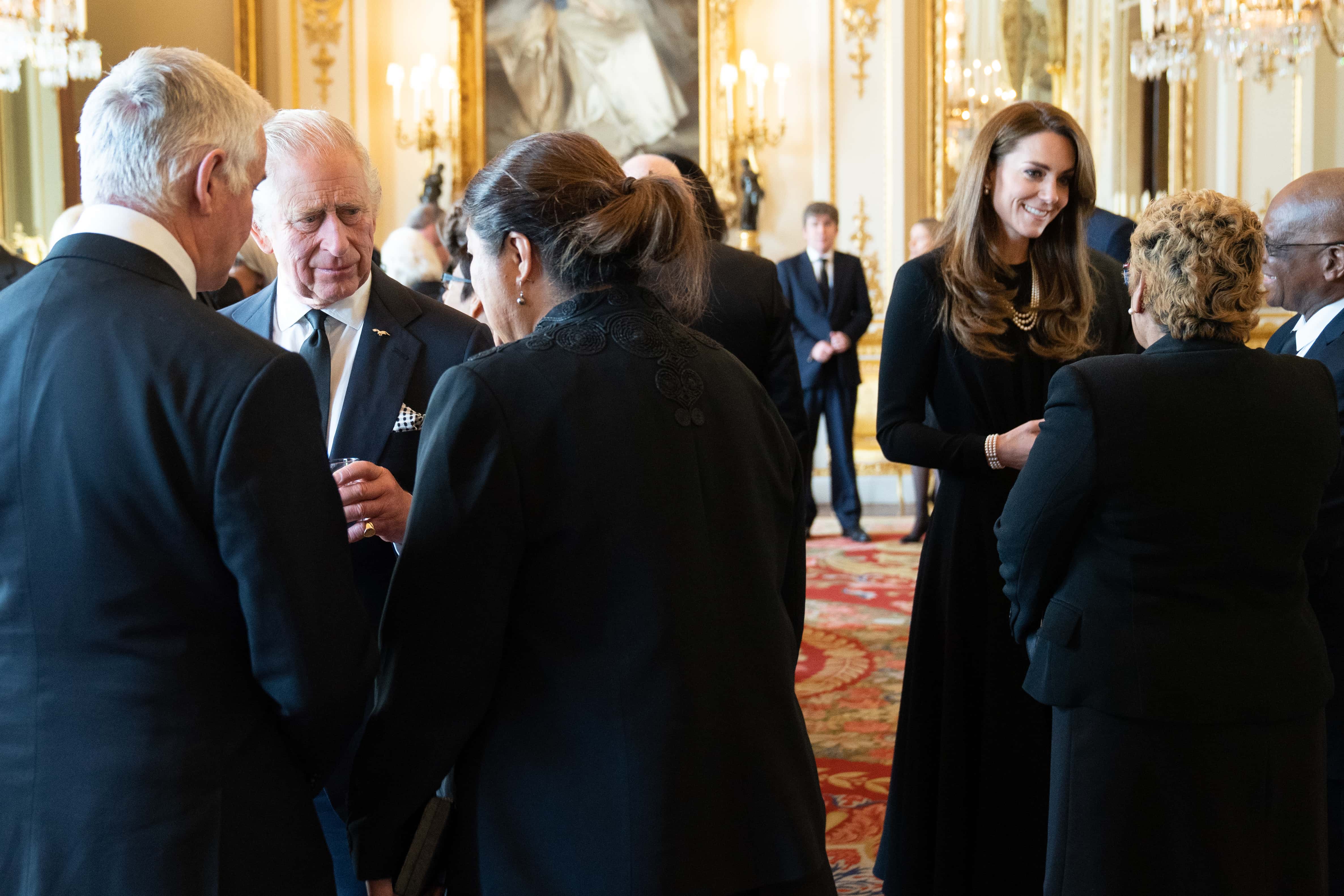 Britain's King Charles III and Catherine, Princess of Wales during a lunch held for governors-general of the Commonwealth nations at Buckingham Palace on September 17, 2022 in London, England. Foreign dignitaries, heads of state and other VIPs are among the thousands who have visited Westminster Hall to view Queen Elizabeth II lying in state prior to her funeral on Monday. The 96-year-old monarch died at Balmoral Castle in Scotland on September 8, 2022, and is succeeded by her eldest son, King Charles III.