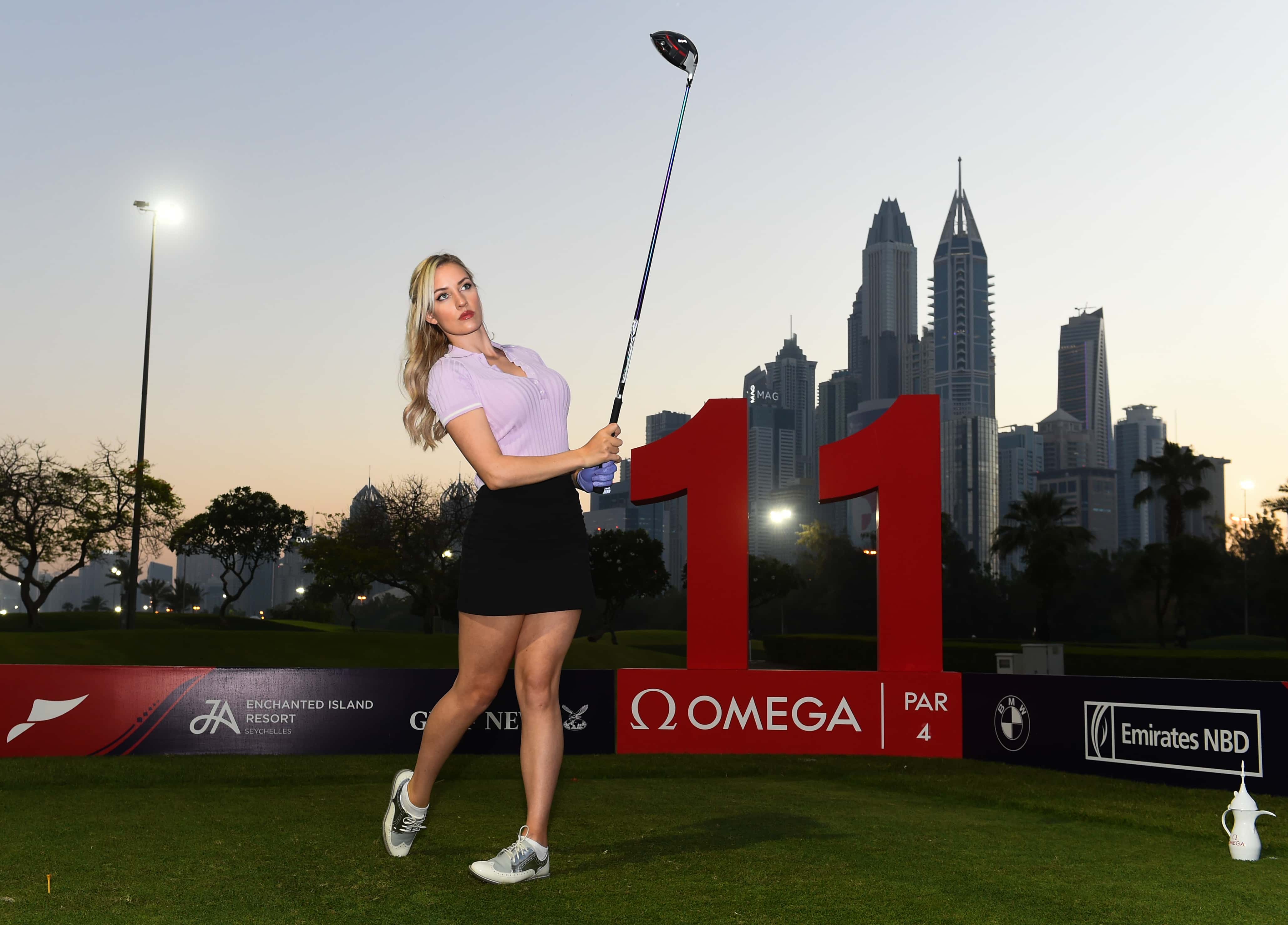 Paige Spiranac of United States poses for photographs on Day One of the Omega Dubai Moonlight Classic at Emirates Golf Club on May 01, 2019 in Dubai, United Arab Emirates.