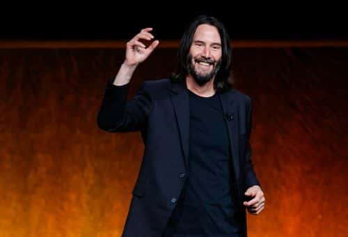 Keanu Reeves speaks onstage during CinemaCon 2022 - Lionsgate Invites You to An Exclusive Presentation of its Upcoming Slate at The Colosseum at Caesars Palace during CinemaCon, the official convention of the National Association of Theatre Owners, on April 28, 2022, in Las Vegas, Nevada.