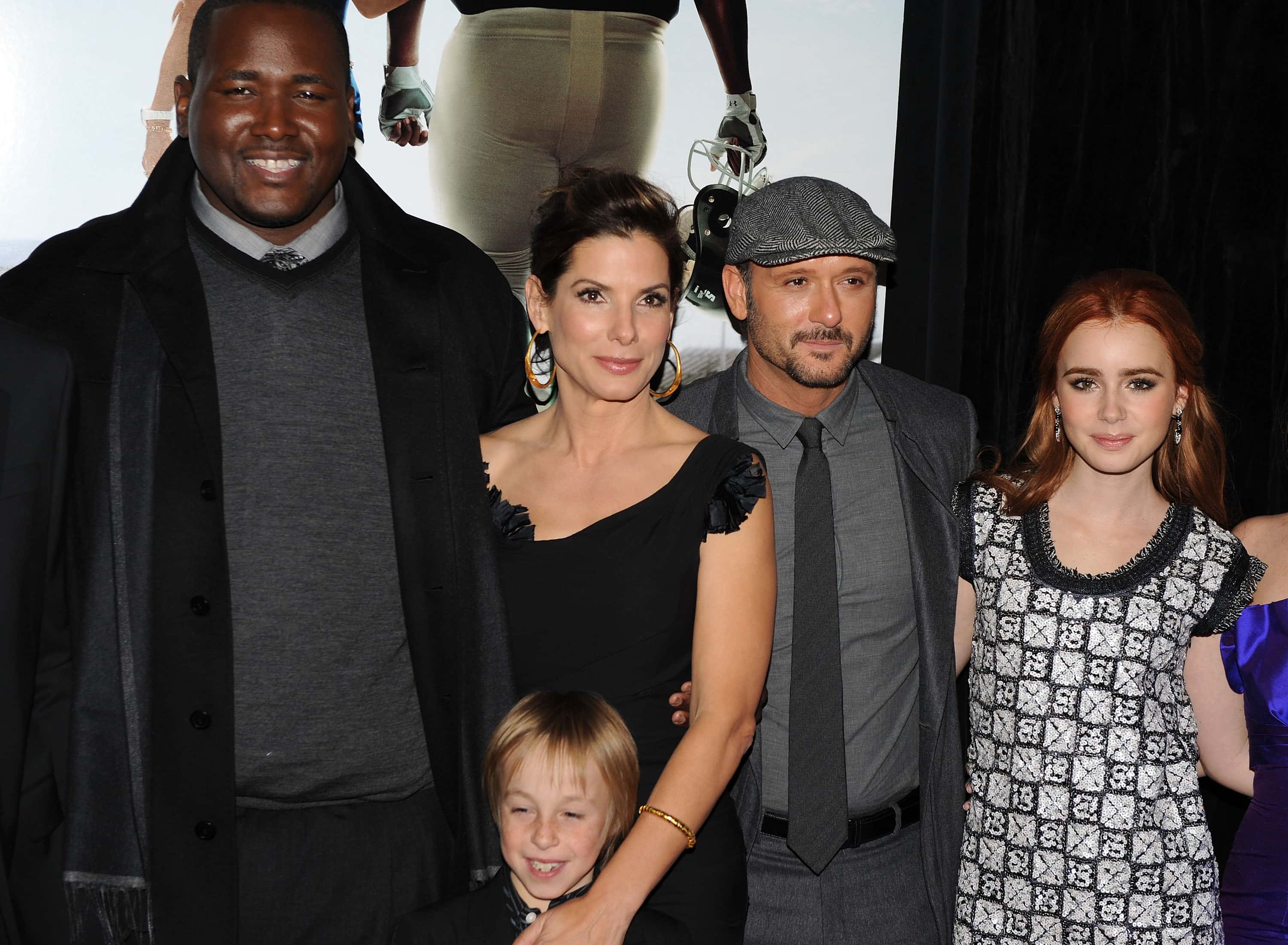 (L-R) Actors Quinton Aaron, Sandra Bullock, Jae Head,  Tim McGraw and Lily Collins attend the premiere of 