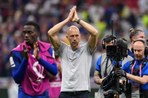 Gregg Berhalter, Head Coach of United States, applauds  during the FIFA World Cup Qatar 2022 Group B match between England and USA at Al Bayt Stadium on November 25, 2022 in Al Khor, Qatar.