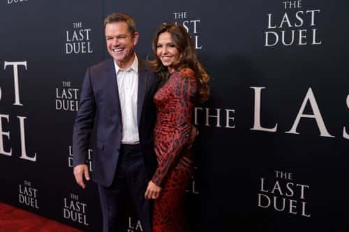 Matt Damon (L) and Luciana Barroso attend The Last Duel New York Premiere on October 09, 2021 in New York City. (Photo by Michael Loccisano/Getty Images for 20th Century Studios)