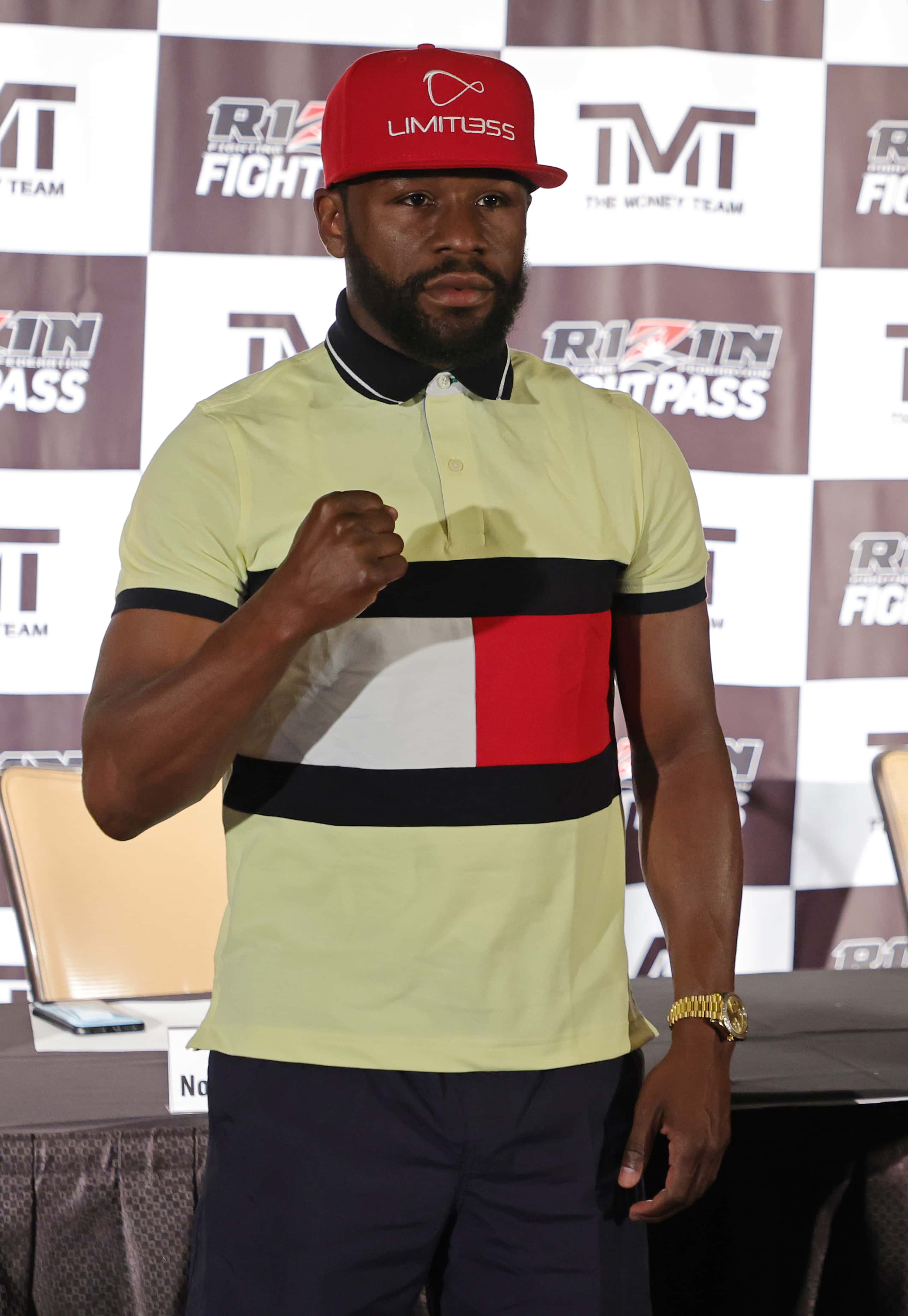 Boxer Floyd Mayweather Jr. poses during a news conference announcing an exhibition boxing bout against mixed martial artist Mikuru Asakura at The M Resort on June 13, 2022 in Henderson, Nevada. The bout will take place in September 2022 in Japan as part of a RIZIN Fighting Federation show.