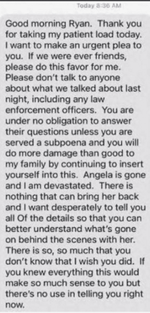 Screenshot of the text message Criag sent his work partner asking them to keep the silence (Aurora police)