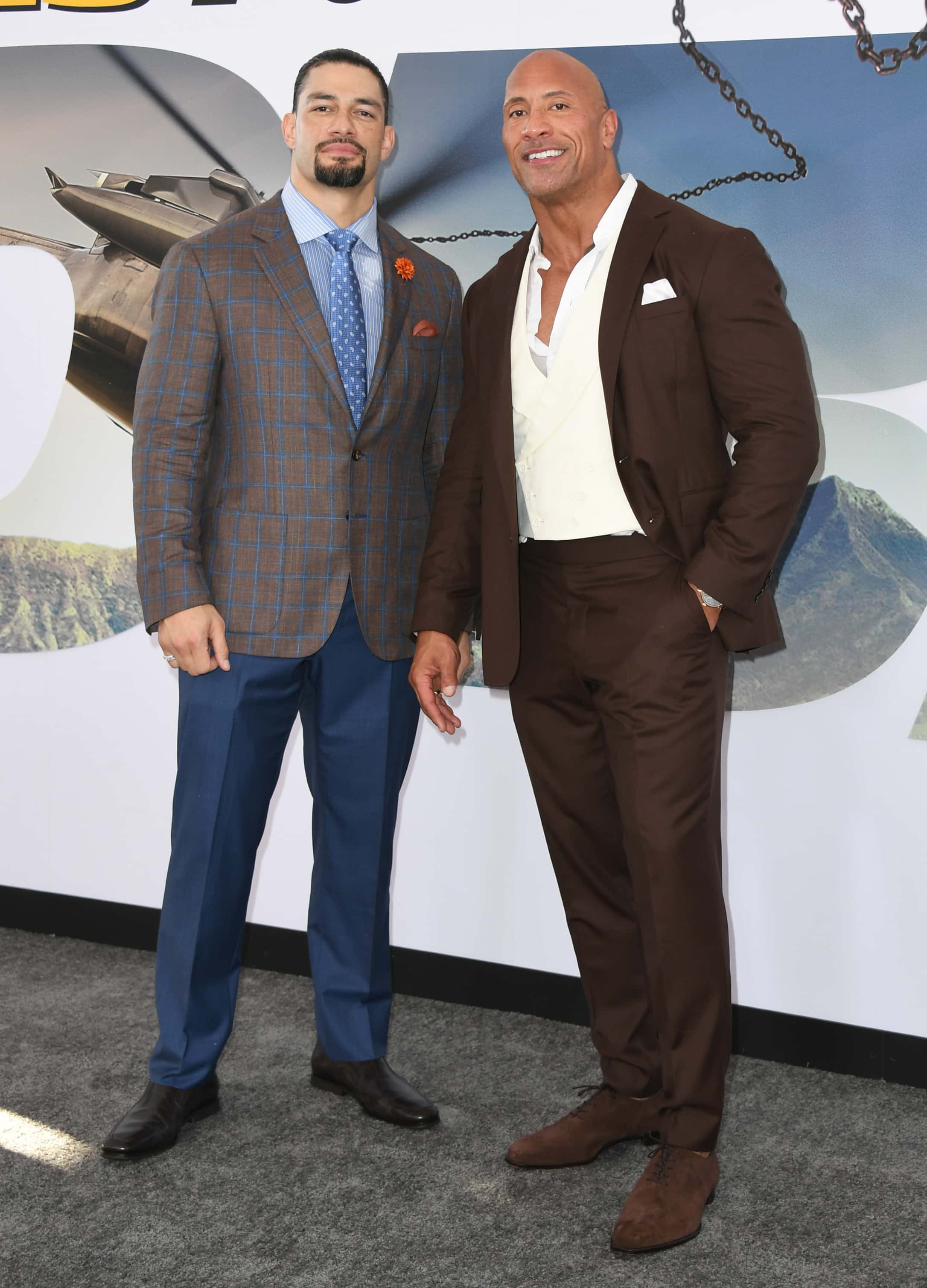 Roman Reigns and Dwayne Johnson attend the Premiere Of Universal Pictures' 