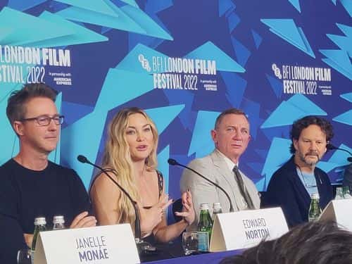 Edward Norton, Kate Hudson, Daniel Craig and producer Ram Bergman during 'Glass Onion' Press Conference at the 66th London Film Festival (MEA Worldwide)
