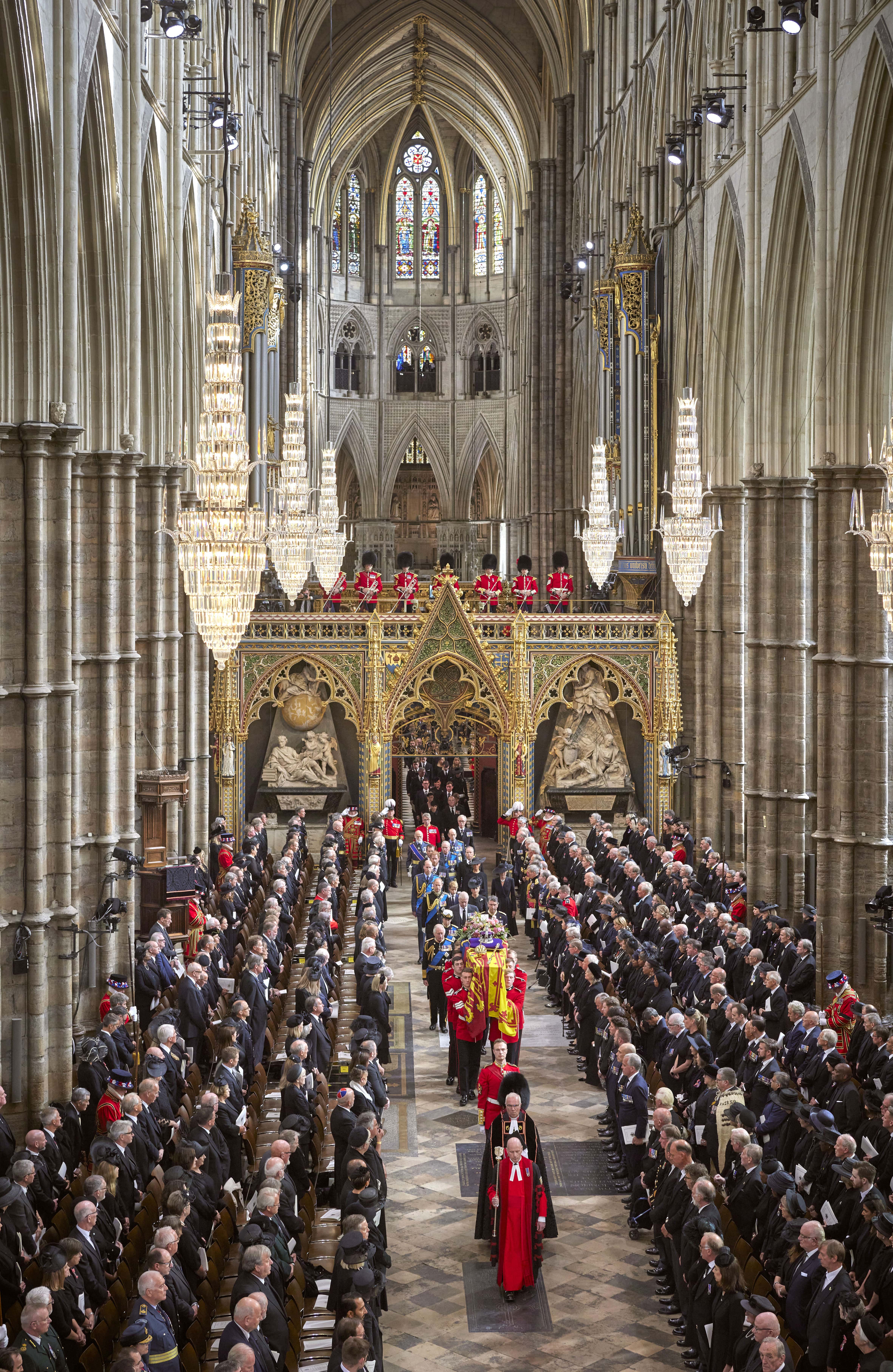 A general view during the State Funeral Service for Queen Elizabeth II, at Westminster Abbey on September 19, 2022 in London, England. Elizabeth Alexandra Mary Windsor was born in Bruton Street, Mayfair, London on 21 April 1926. She married Prince Philip in 1947 and ascended the throne of the United Kingdom and Commonwealth on 6 February 1952 after the death of her Father, King George VI. Queen Elizabeth II died at Balmoral Castle in Scotland on September 8, 2022, and is succeeded by her eldest son, King Charles III.