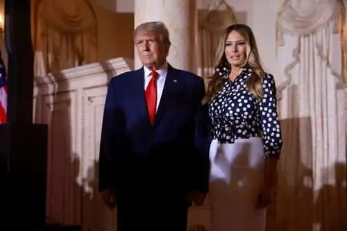 Former U.S. President Donald Trump and former first lady Melania Trump arrive for an event at his Mar-a-Lago home on November 15, 2022 in Palm Beach, Florida. Trump announced that he was seeking another term in office and officially launched his 2024 presidential campaign.