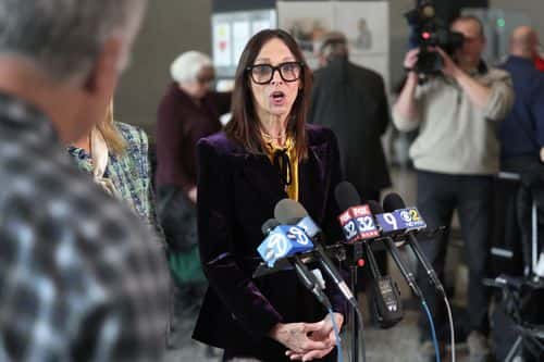 Jennifer Bonjean, attorney for R&B singer R. Kelly, speaks to the press after Kelly's sentencing hearing at the Dirksen Federal Building on February 23, 2023 in Chicago, Illinois. Kelly, who is currently serving a 30-year sentence for racketeering and sex trafficking, was sentenced today on federal charges of child pornography and enticement of a minor.