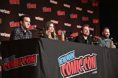 (L-R) Ben Savage, Danielle Fishel, Will Friedle, and Aaron Sagers speak onstage at the Boy Meets World 25th Anniversary Reunion panel during New York Comic Con 2018 at Jacob K. Javits Convention Center on October 5, 2018 in New York City.