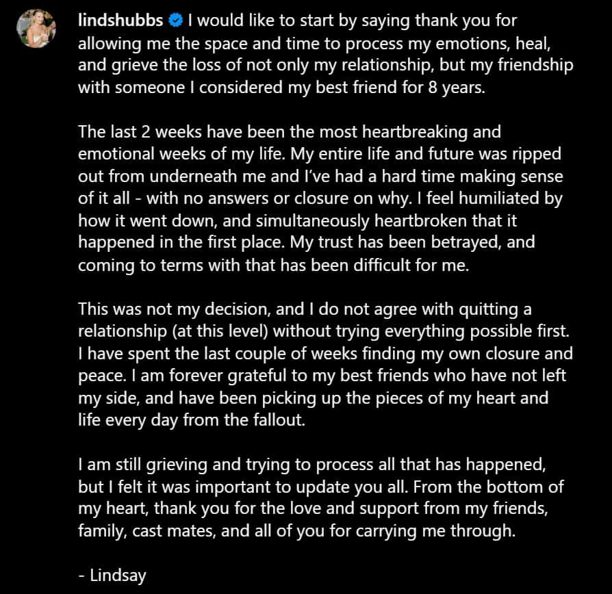 Lindsay Hubbard reflects on 'pain' amid split from Carl Radke (Instagram/@lindshubbs)
