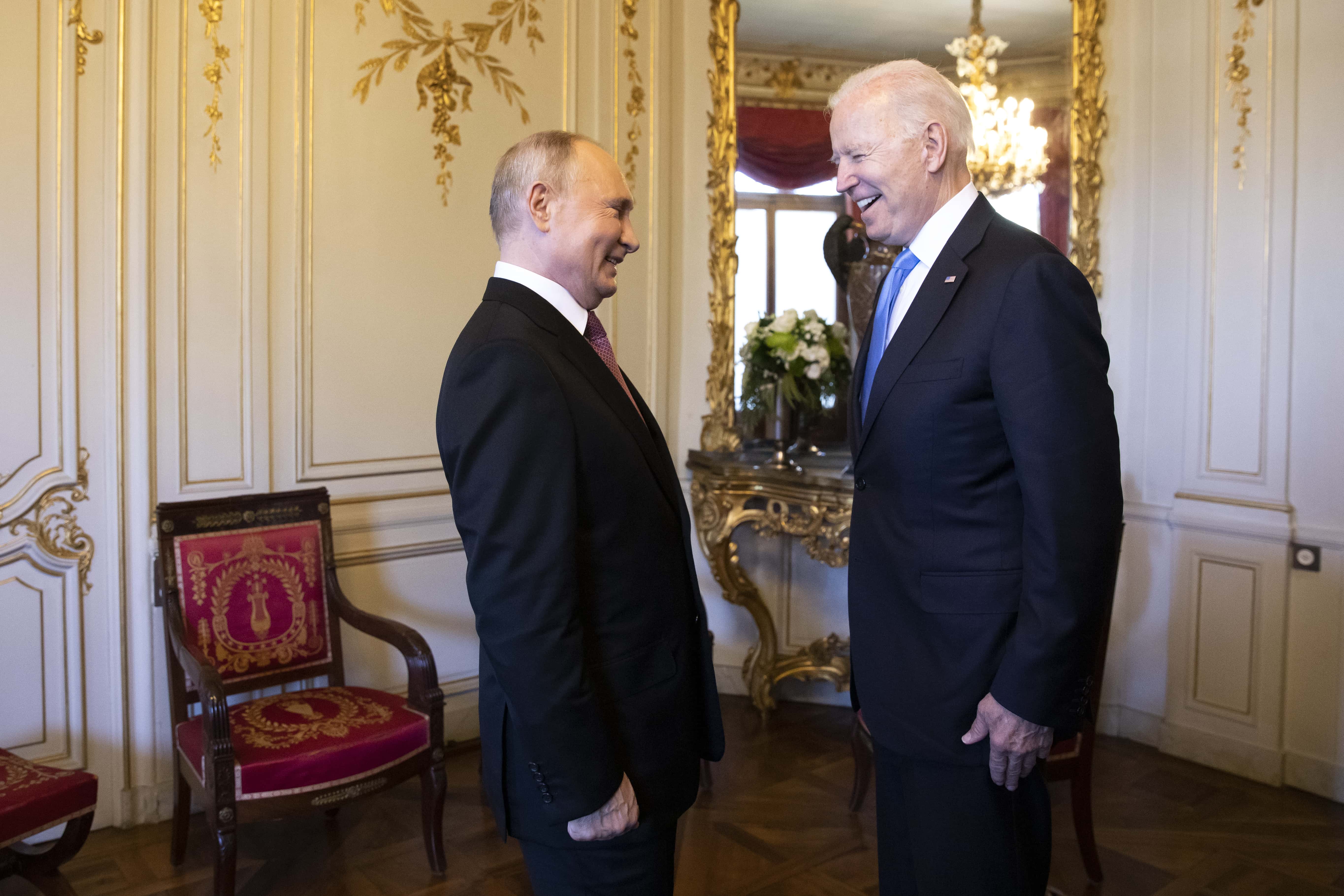 GENEVA, SWITZERLAND - JUNE 16: U.S. President Joe Biden (R) and Russian President Vladimir Putin meet during the U.S.-Russia summit at Villa La Grange on June 16, 2021 in Geneva, Switzerland. Biden is meeting his Russian counterpart, Putin, for the first time as president in Geneva, Switzerland. (Photo by Peter Klaunzer - Pool/Keystone via Getty Images)
