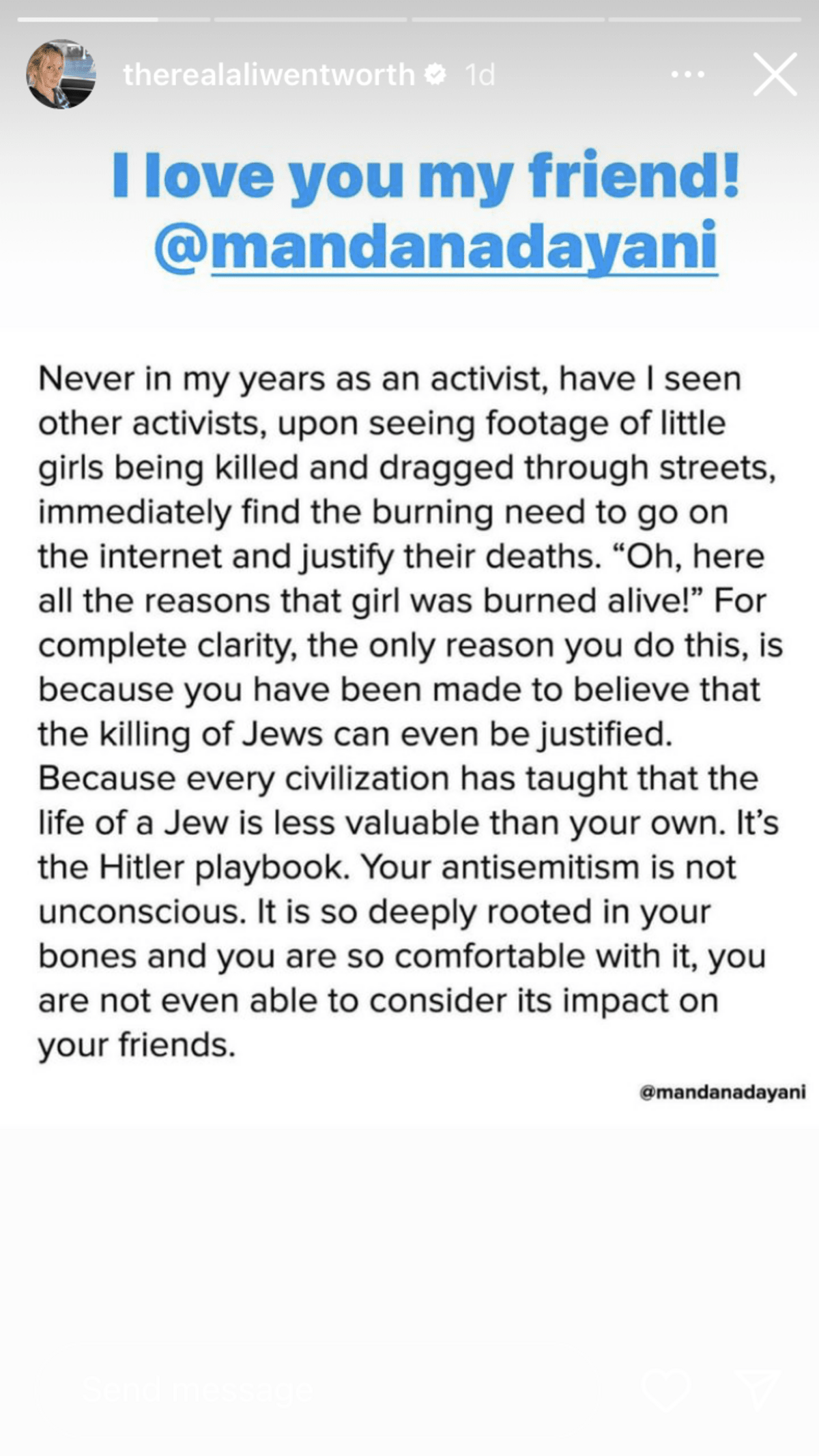 Ali Wentworth shared a message from activist and friend Mandana Dayani, showing her solidarity with Israel (@realaliwentworth/Instagram)
