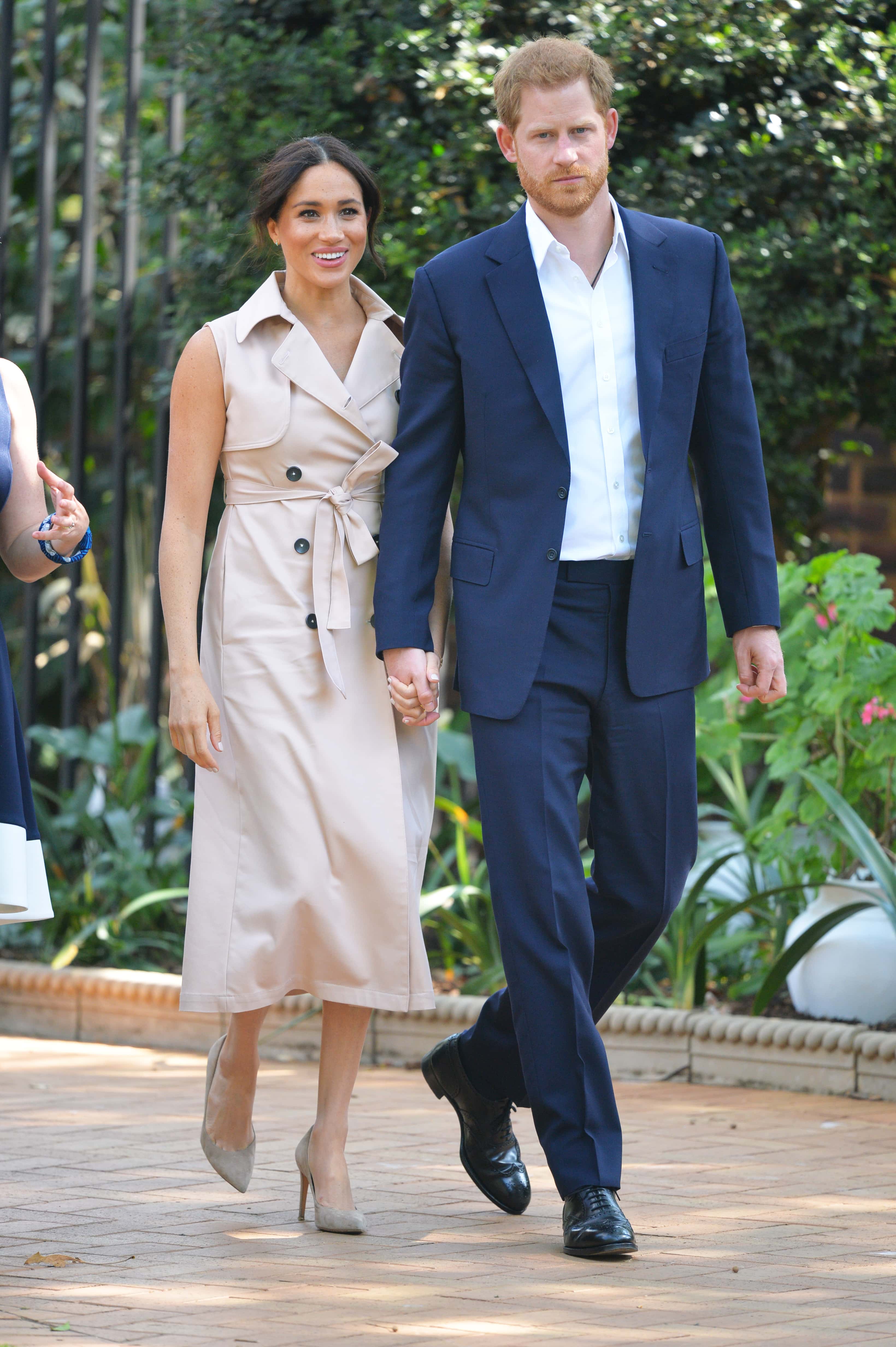 Prince Harry, Duke of Sussex and Meghan, Duchess of Sussex arrive at the Creative Industries and Business Reception at the British High Commissioners residence to meet with representatives of the British and South African business communities, including local youth entrepreneurs, on day ten of their tour in Africa on October 2, 2019 in Johannesburg, South Africa. (Photo by Dominic Lipinski - Pool/Getty Images)