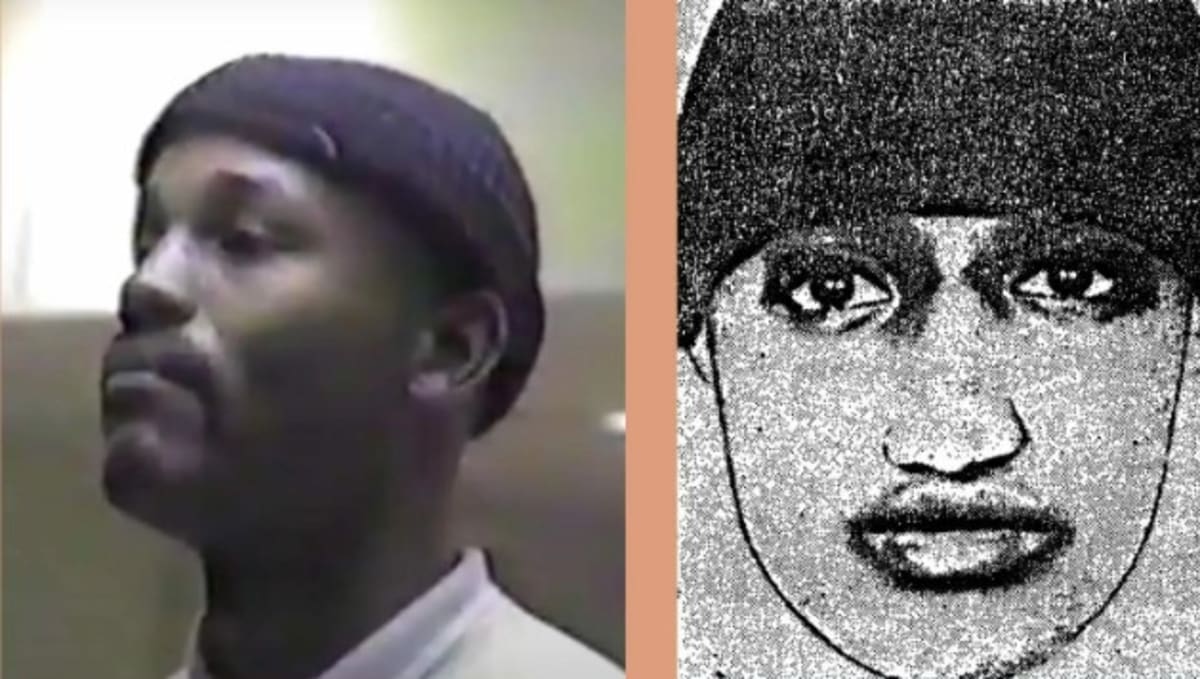 Perry Lott, with a mustache, in the photo lineup compared to the police composite sketch of the assailant, a man without a mustache. (Image: Innocence Project)