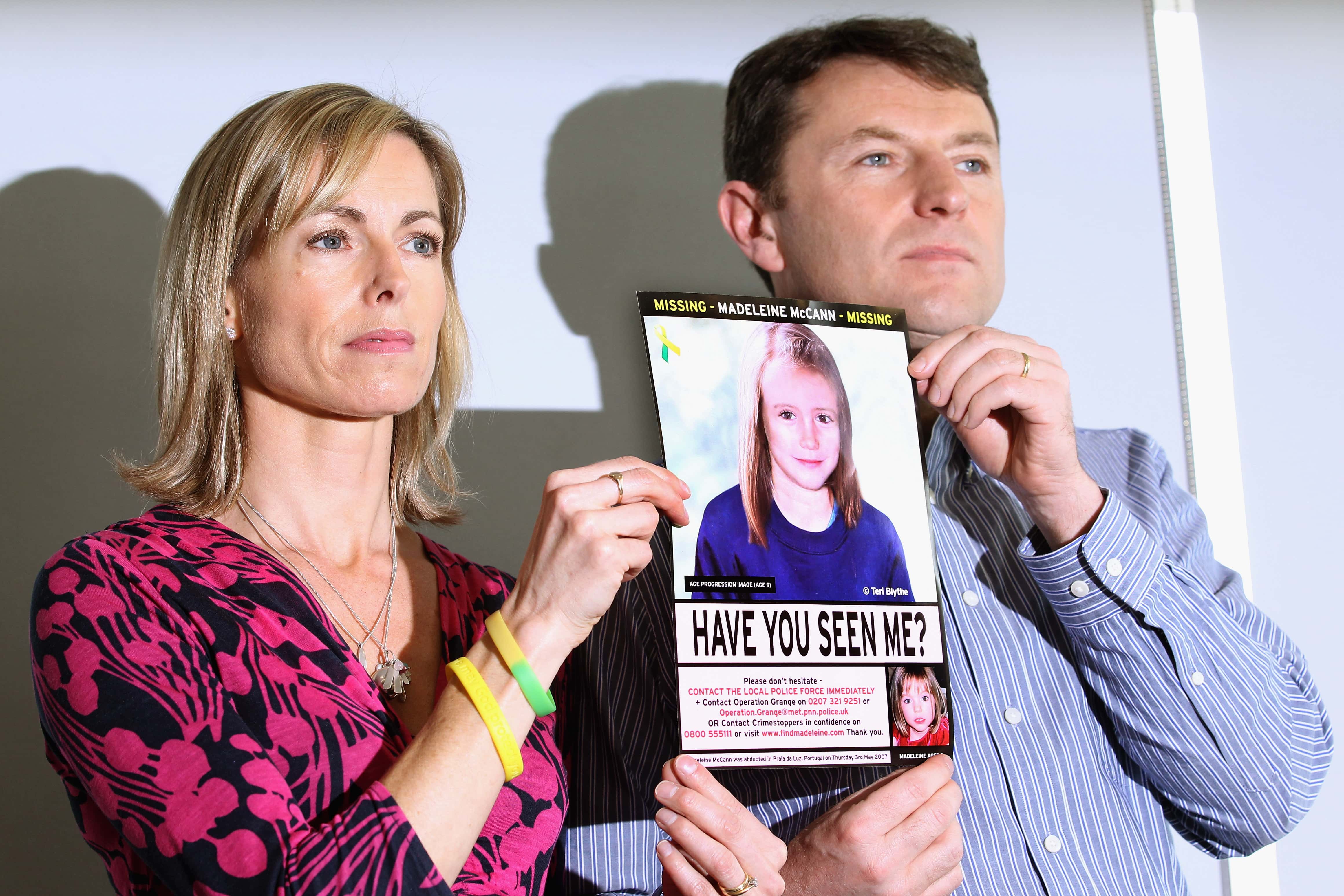 Kate and Gerry McCann hold an age-progressed police image of their daughter during a news conference to mark the 5th anniversary of the disappearance of Madeleine McCann, on May 2, 2012 in London, England. The McCann's today stated that there is
